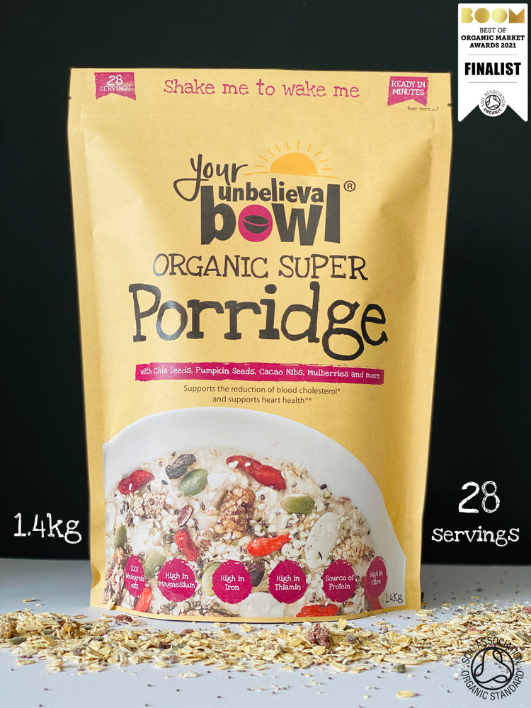 Organic Super Porridge 1.4kg Superfood nuts and seeds flaxseed chia seed hemp seed pumpkin seeds heart health overnight oats jumbo oats gluten free oats lowers cholesterol. Great as overnight oats and makes great granola. Healthy and affordable. 72p per serving. healthy Porridge. Porridge Oats. Porridge toppers. How to make porridge