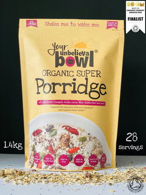 
                  
                    Load image into Gallery viewer, Organic Super Porridge 1.4kg Superfood nuts and seeds flaxseed chia seed hemp seed pumpkin seeds heart health overnight oats jumbo oats gluten free oats lowers cholesterol. Great as overnight oats and makes great granola. Healthy and affordable. 72p per serving. healthy Porridge. Porridge Oats. Porridge toppers. How to make porridge
                  
                