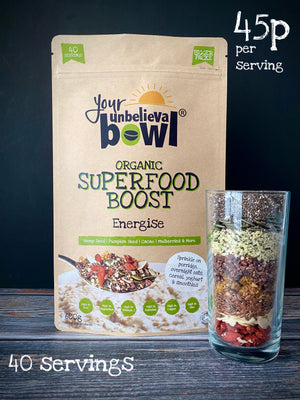 
                  
                    Load image into Gallery viewer, Superfood Boost Your UnbelievaBowl Energise Organic Superfood Boost 600g Vegan, Gluten Free, high in fibre, source of protein, sprinkle on porridge, Superfood Boost energy boost Vegan plant based 600g bag Organic nuts and seeds 40 servings high energy nuts and seeds
                  
                